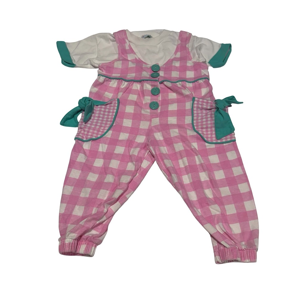 Vintage Mini Wear Kids Pink Gingham Checkered Romper and Shirt Set‎ Teal Accents